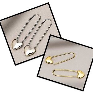 Heart Safety Pin Gold Sterling Silver Earrings Set